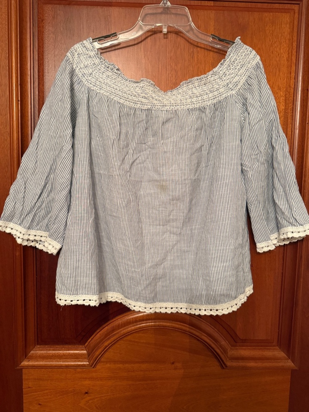 girl krazy Blue and White Pinstripe Off-Shoulder Top with Crochet Trim